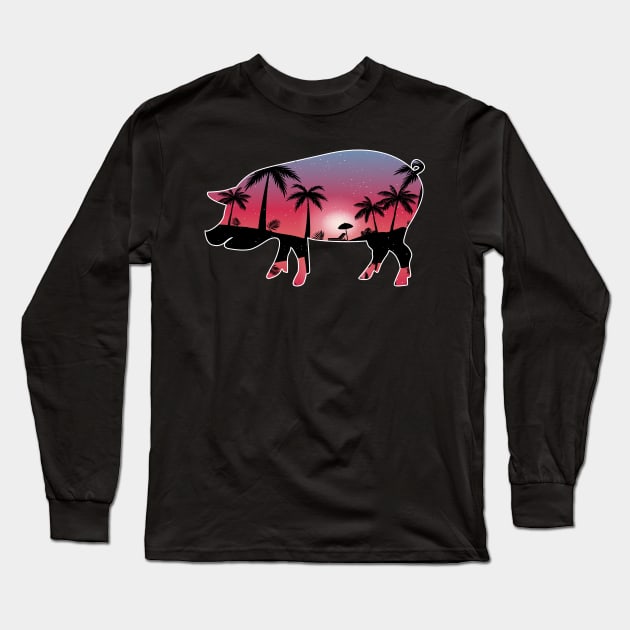 Pig Beautiful Sunset Beach Palm Tree Long Sleeve T-Shirt by jrgmerschmann